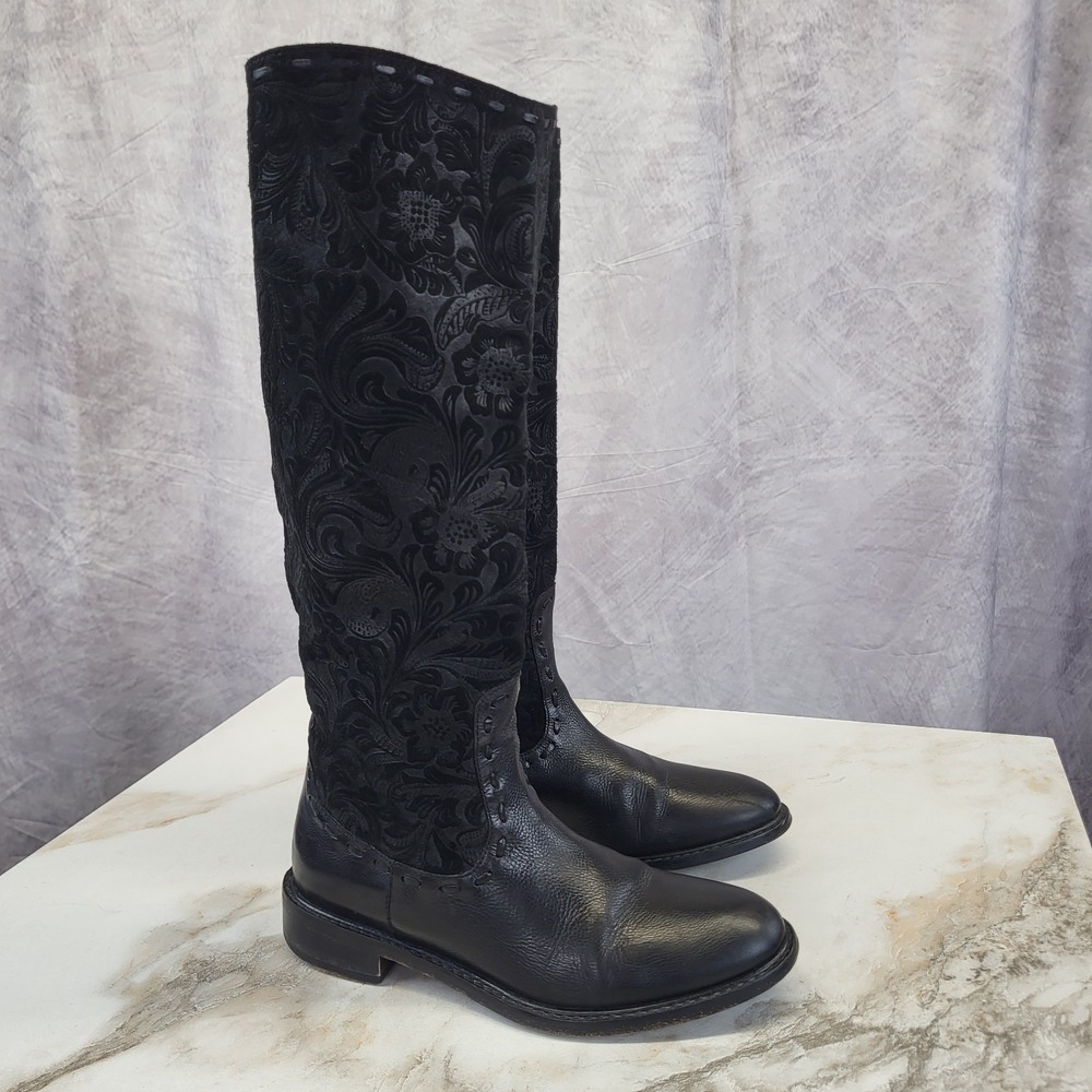 JM Johnston Murphy Suede & Leather Floral Knee High Boots Black Women's 6